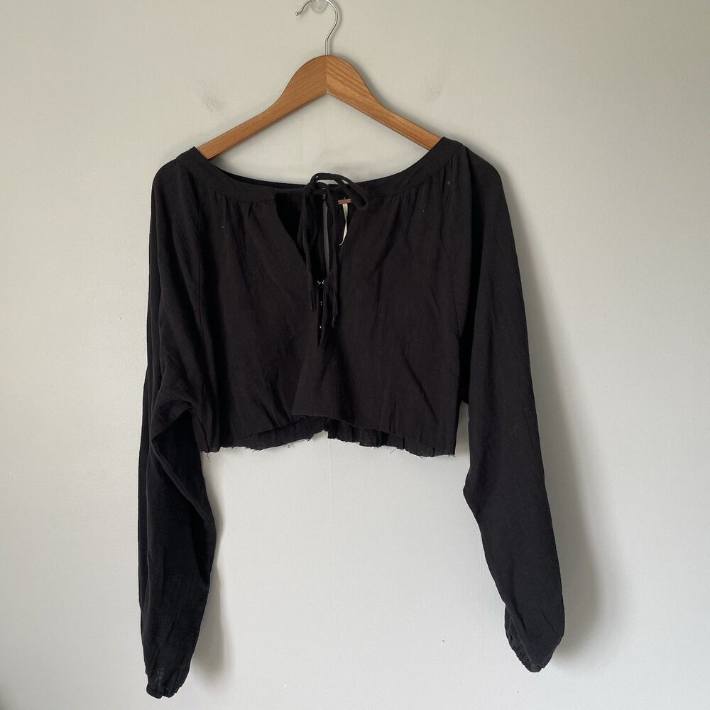 Free People Cropped Blouse Top Boho Cottagecore Black Women's Size XS